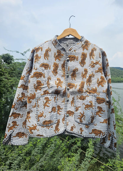 Trelzo Women's Reversible Quilted Cotton Jacket , Tiger Print Two-Sided Layering Jacket
