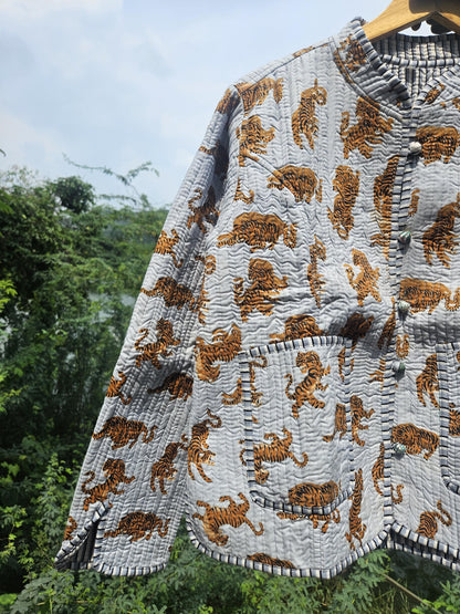 Trelzo Women's Reversible Quilted Cotton Jacket , Tiger Print Two-Sided Layering Jacket