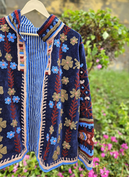 Trelzo Women's Velvet Suzani Jacket , Uzbek-Inspired Embroidered Long-Sleeve Outerwear