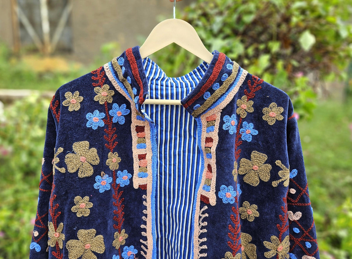 Trelzo Women's Velvet Suzani Jacket , Uzbek-Inspired Embroidered Long-Sleeve Outerwear