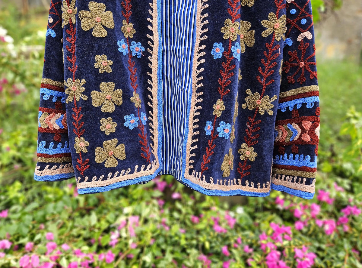Trelzo Women's Velvet Suzani Jacket , Uzbek-Inspired Embroidered Long-Sleeve Outerwear